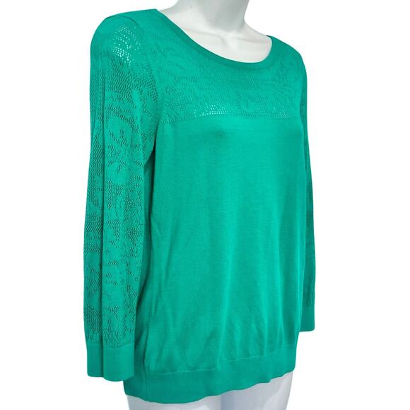 H&M Teal Lace Detail Yoke 3/4 Sleeve Knit Top Light Sweater size M Cotton Blend - Picture 2 of 9